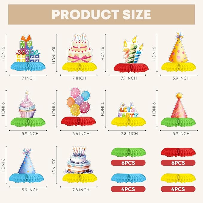 Horaldaily 10PCS Birthday Party Table Decoration Centerpieces, Colorful Cupcake Balloons Sign Honeycomb Centerpieces Table Toppers for Home Classroom School Boys Girls Baby Shower Birthday Supplies