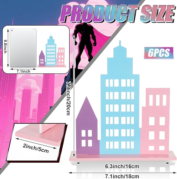 Geelin 6 Pcs Skyscraper Party Decorations Hero Party Decorations New York City Wood NYC Centerpieces City Skyline Building Decor for Comic Birthday Favors Supplies(Hollow Style,Pastel Color)