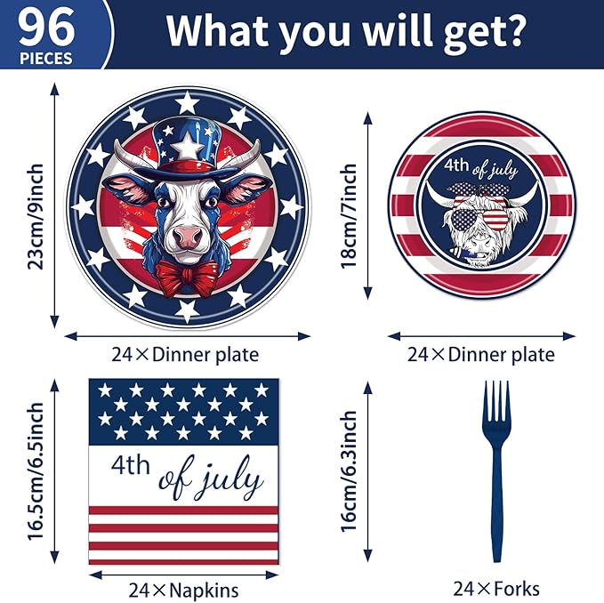 Highland Cow Patriotic Party Supplies - 96PCS Plates and Napkins Tableware Disposable Dinnerware Serve 24 Guests American Flag Patriotic 4th of July Memorial Veterans Day Party Decorations Supplies