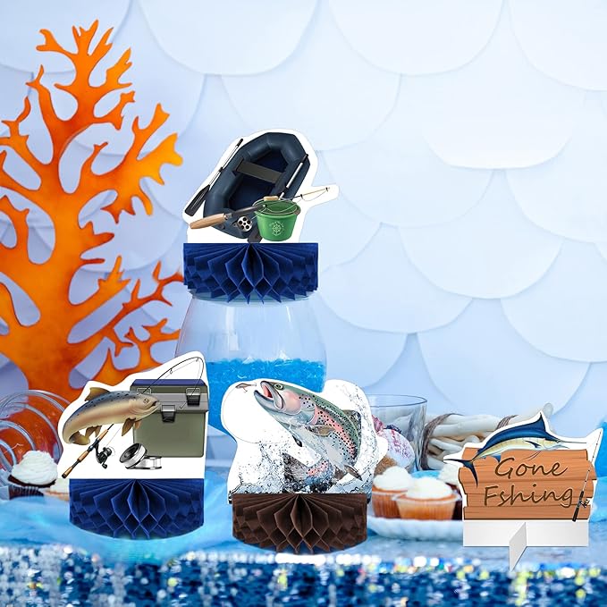 12 Pcs Fishing Decorations Gone Fishing Centerpieces Fish Party Decorations Honeycomb Party Supplies 3D Fishing Table Decor Fishing Birthday Party Supplies for Fathers Day Retirement Baby Shower