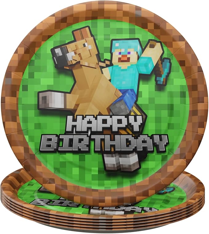 Pixel Miner Dinner and Dessert Plates (40 pieces for 20 Guests) - Video Game Party Supplies, Mining Craft Decorations, Pixel Miner Party, Blue Orchards