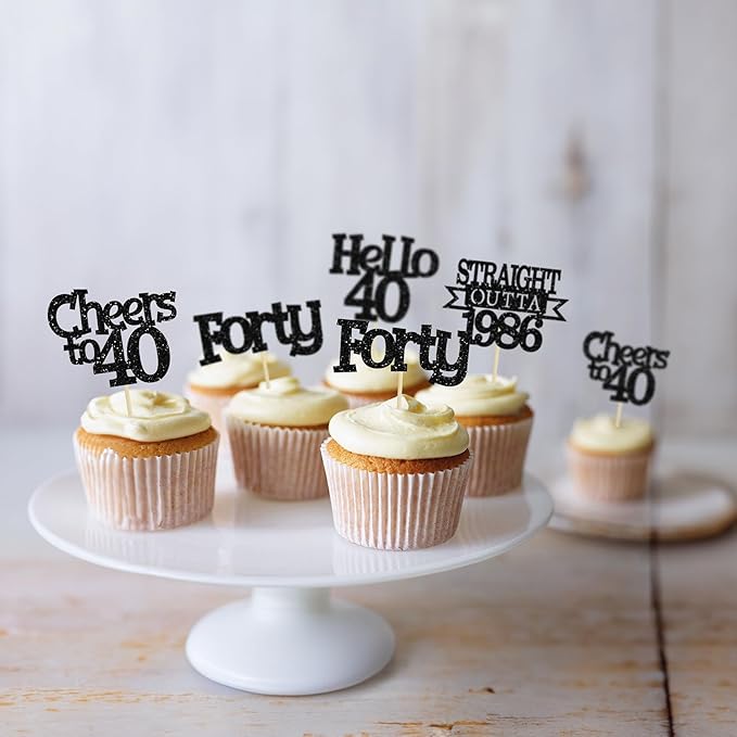 Ephlyn 24Pcs Happy 40th Birthday Cupcake Toppers Glitter Forty Cupcake Picks Hello 40 Cheers to 40 Years Birthday Cake Decorations for 40th Birthday Anniversary Party Supplies Black