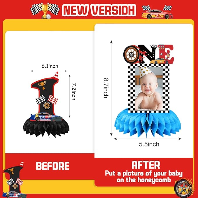 Race Car 1st Birthday Party Supplies, Fast One Birthday Decorations Honeycomb Centerpiece for Table, Race Car One Year Old Birthday Party Decorations Boys Photo Table Centerpiece Party Supplies