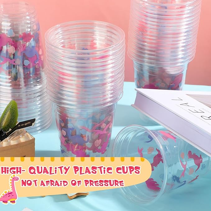 50 Pcs Girl Dinosaur Birthday Party Decorations Cups 12 oz Dinosaur Disposable Plastic Cups Dino Theme Tumbler for Three Rex Birthday Party Supplies Decorations, Pink
