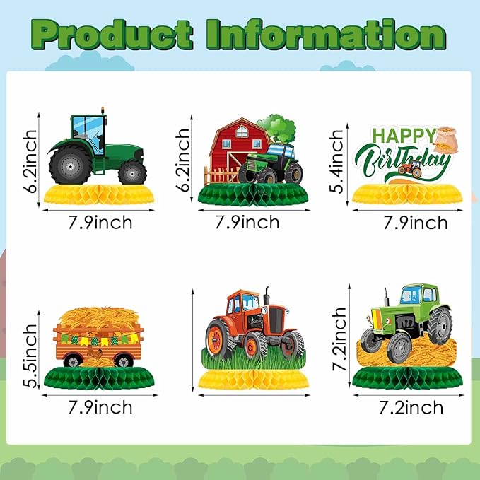 Zonon 6 Pieces Tractor Birthday Decorations, Tractor Honeycomb Table Centerpiece Party Supplies Farmhouse Decor for Tractors Birthday Party Supplies, 6 Designs