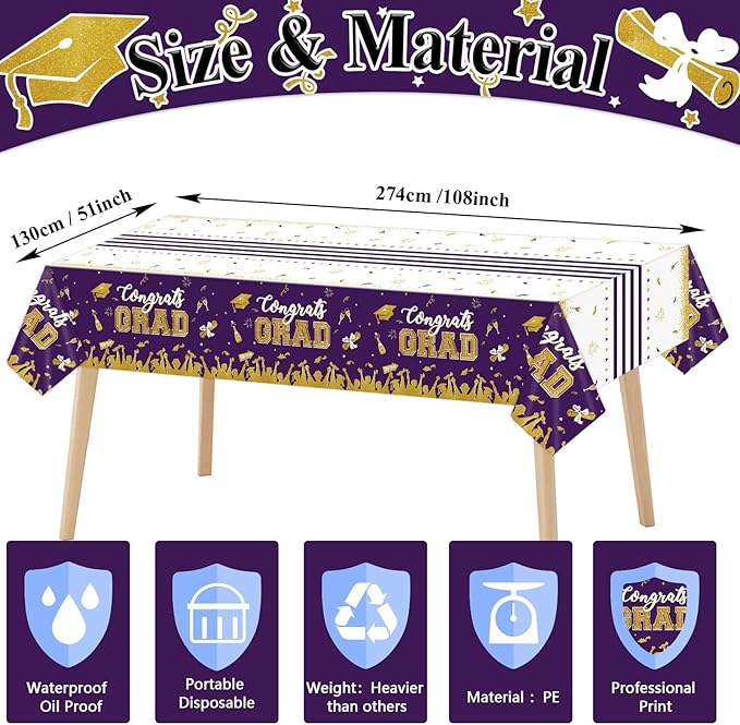 chiazllta Set of 3 Graduation Tablecloths Class of 2025 Congrats Grad Purple Graduation Party Tablecover Decorations Party Supplies Large Size Plastic 54"x108"(Purple & Gold)