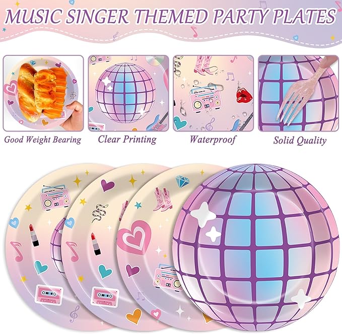 48Pcs Music Star Party Plates Popular Singer Birthday Party Decoration Disposable Music Lover Dessert Plates Paper Dinnerware Set for Girls Women Concert Bachelorette Party Supplies