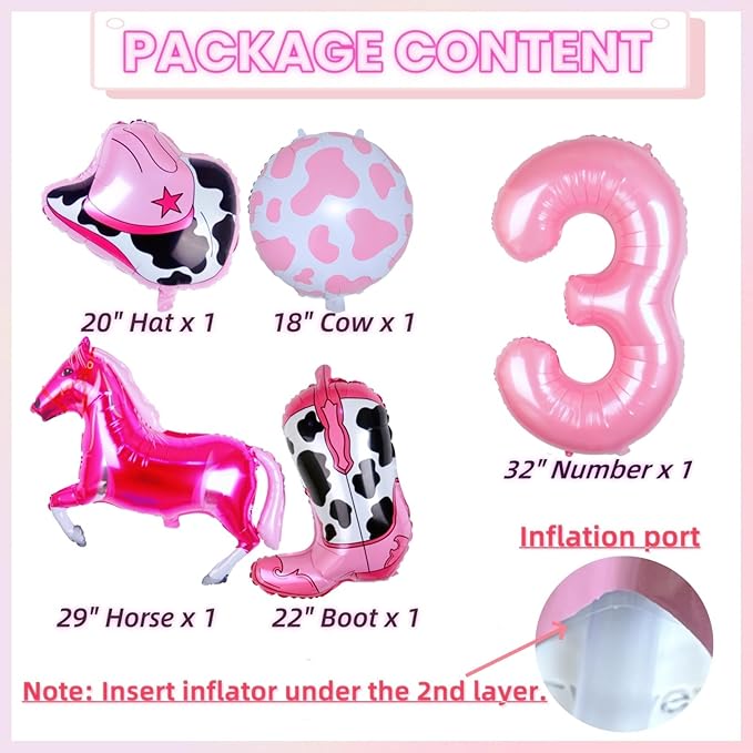 Cowgirl Balloons Pink Girl 3rd Rodeo Birthday Party Decorations, Disco Girl Horse Hat Boot Cow Balloons Western Theme Farm Birthday Party Decorations Supplies Decor (32Inch Pink 3 Balloon)