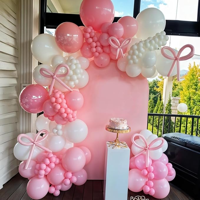 Pink and White Balloon Arch Kit,Baby Pink Clear Long Balloons for Girl Light Pink Latex Bow Birthday Party Decorations Wedding Baby Shower Bridal Engagement Anniversary Pink Bow Decor