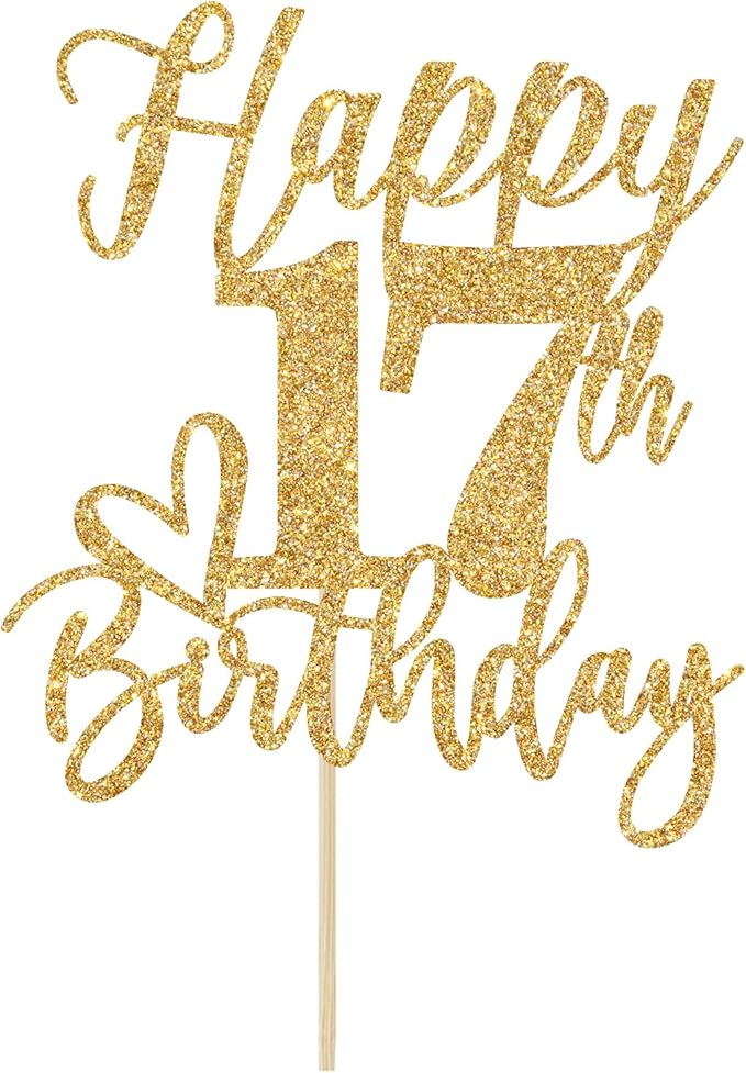 Happy 17th Birthday Cake Topper, 17th Birthday Decorations, Cheers to 17 Years, Hello 17, 17th Happy Birthday Party Supplies Gold Glitter