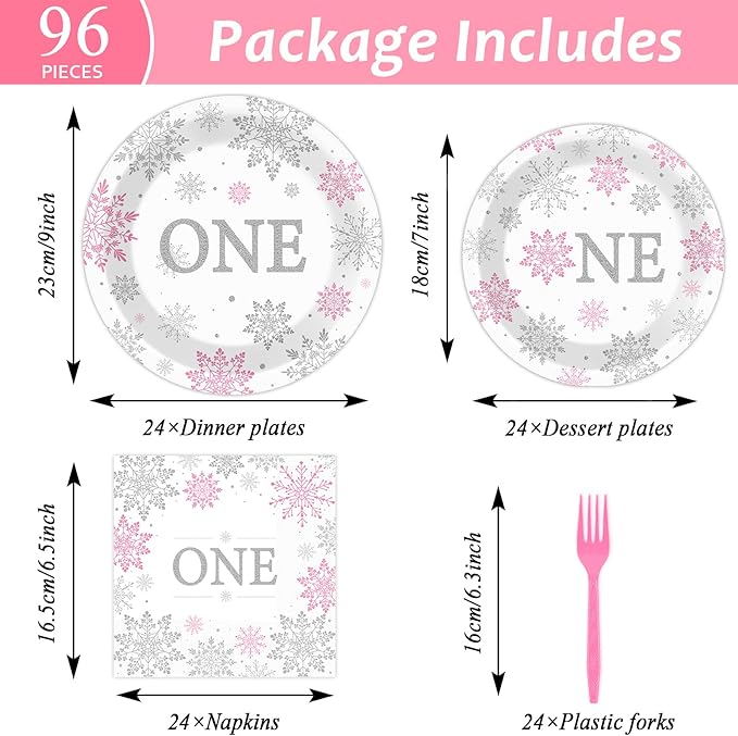 Winter Onederland 1st Birthday Themed Tableware - Snowflake One Plates, Napkins for Baby Girls First Birthday - Disposable Paper Party Decorations Supplies Favors for 24 Guests