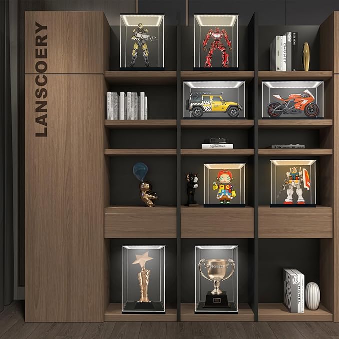 LANSCOERY Acrylic Display Case with Adjustable Yellow/White/Warm LED Light, UV Protection Clear Display Box, Dustproof Showcase for Action Figures, Models, Collectibles - 9.8x6x13.8inch