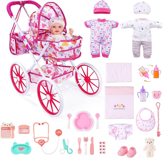 JIZHI Baby Doll Stroller Set with 12 Inch Dolls, 27-Piece Foldable Doll Stroller with Baby Doll Accessories for Pretend Play, Feeding & Bedding Playset Gift for Kids 3+