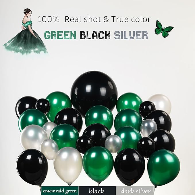 emerald green and silver black balloon garland arch kit 160pcs with star five-pointed star mylar balloon for Birthday anniversary 2026 graduations Prom decorations