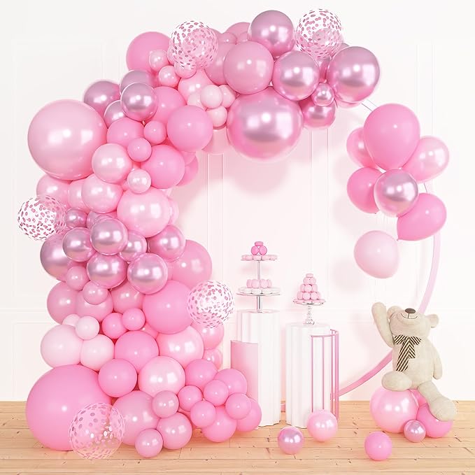Amandir 153pcs Pink Balloon Garland Arch Kit, Different Sizes 18 12 10 5 inch Latex Pastel Metallic Pearl Light Pink Confetti Balloons for Women Princess Birthday Wedding Valentines Party Decorations
