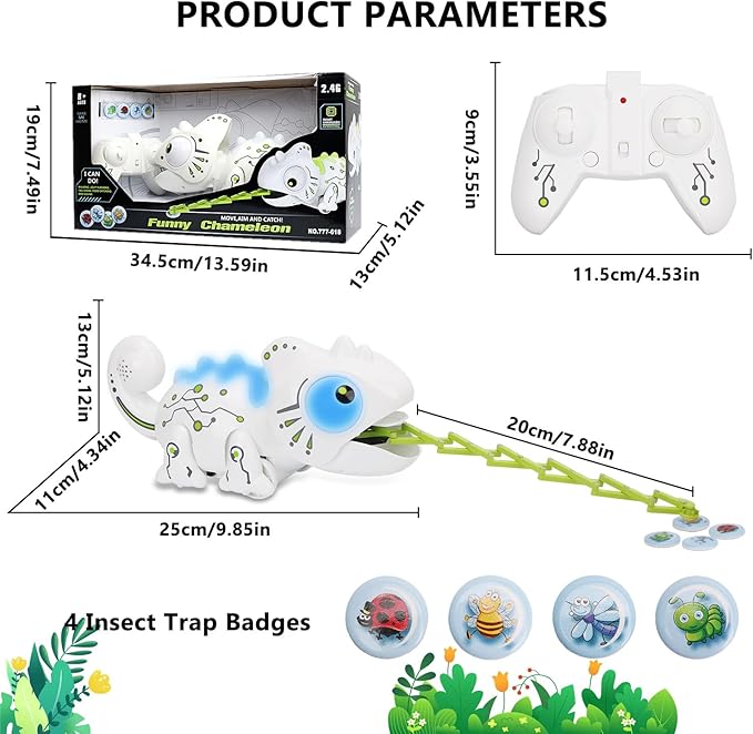 Interactive Remote Control Chameleon Simulation Toy for Kids - 2.4GHz RC Reptile with 5 Sound Effects, 12 Color Lights, Extending Tongue & Wagging Tail, Children Aged 3-12 Discovery Toys (White)