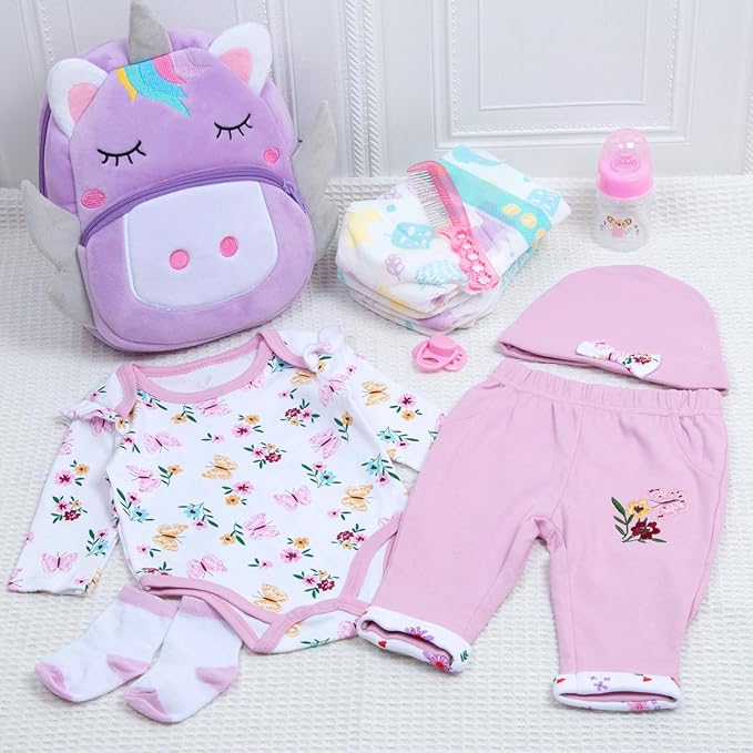Reborn Baby Dolls Clothes Girl Purple Flower Outfit Accessories 12 Pcs for 17-22 Inches Reborn Doll Newborn Girl with Purple Unicorn Backpack