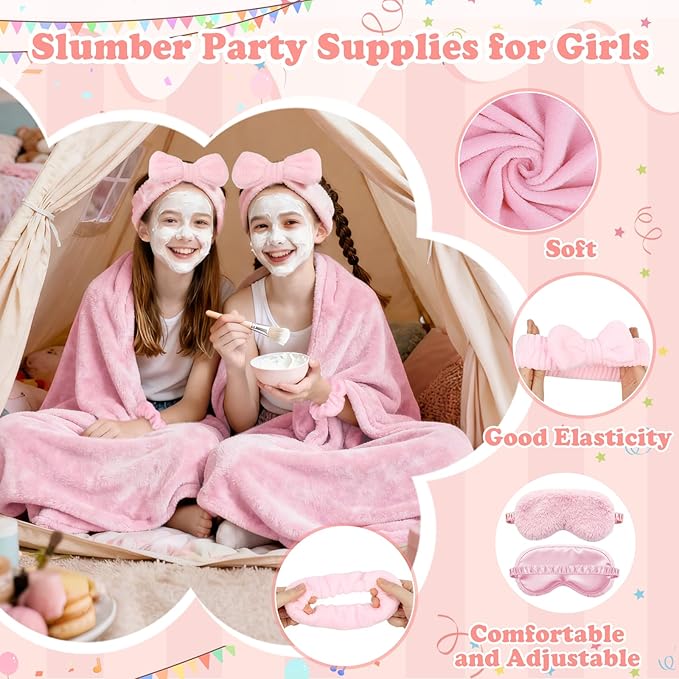 Sleepover Party Supplies for Girls, Spa Slumber Favor with Blanket Headband Eye Mask Hair Scrunchies (Pink 24Pcs)