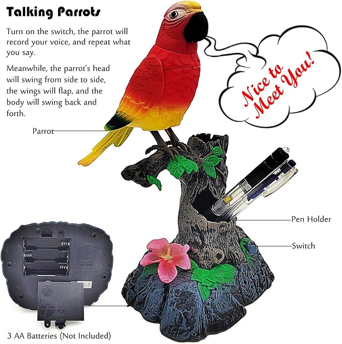 Tipmant Electronic Talking Parrots Realistic Eelectric Birds Toy Office Home Wall Room Table Decoration Recoarding Voice & Playback Kids Toys Birthday Gifts (Red)