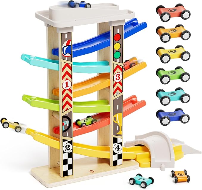TOP Bright Wooden Race Track Car Ramp Toys for Toddlers 1-3 Years Old with 6 Mini Cars, 1 Car Garage & Extra Bridges, Toddler Montessori Toys for 1 Year Old Boys Girls Birthday