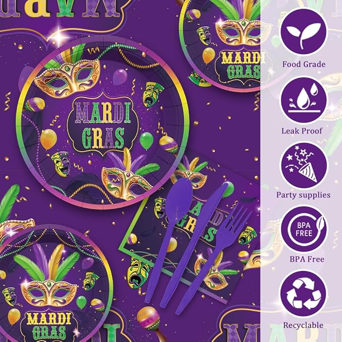 193pcs Mardi Gras Party Decorations Mardi Gras Plates and Napkins, Cup, Tablecloth, Tableware, Masquerade Mask Party Decorations Supplies Serve 24 Guests