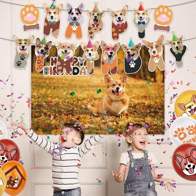 Corgi Birthday Party Decorations Backdrop Banner Photography Background Cute Corgi Theme Banner Balloons Cake Toppers Cupcake Toppers Pet Party Kit For Corgi Dog Birthday Party Supplies Decor