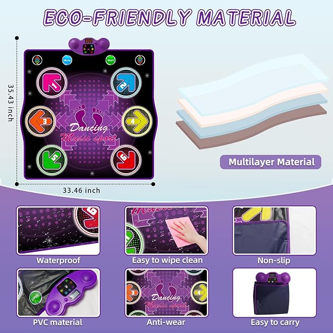 Kids Dance Mat Toy with 2 Gesture-Sensing Wristbands - Wireless Bluetooth Light-Up 6-Key Electronic Dance Pad, 6 Games & Music Modes, Birthday Gift for Girls Boys