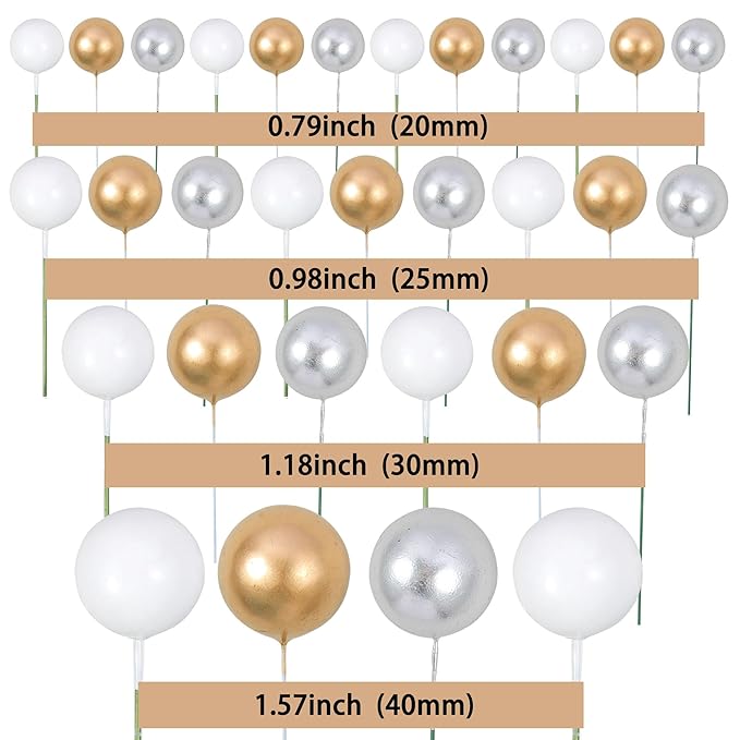 Gyufise 30Pcs Balls Cake Topper Foam Ball Cake Picks Mini Balloon DIY Cake Insert Topper Decoration for Baby Shower Wedding Anniversary Kids Birthday Party Cake Decorations Gold Silver White