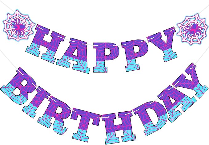 Oudain Spider Theme Birthday Banner Decorations Pre-strung Spider Web Happy Birthday Banner Flags Sign Cartoon Backdrop Party Supplies Favors(Purple Blue)