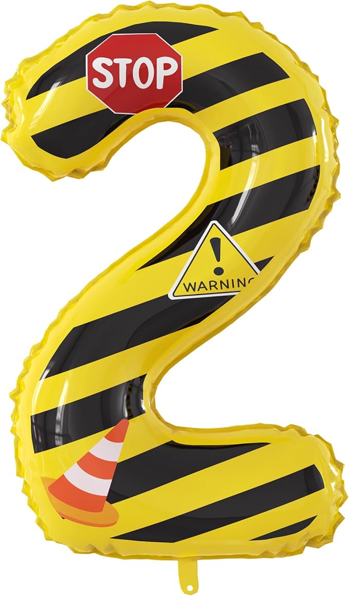 40 Inch Giant Construction Theme Number Balloons - Large Number 2 Balloons Yellow and Black Striped for Kids' Construction Birthday Anniversary Party Decorations Supplies Number 2-4 Balloon