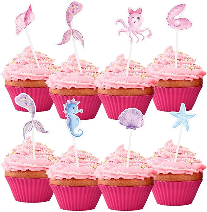 WERNNSAI 32PCS Mermaid Cupcake Toppers - Glitter Mermaid Birthday Decorations Under the Sea Cake Toppers Birthday Party Cake Decorations for Girls Kids Baby Shower