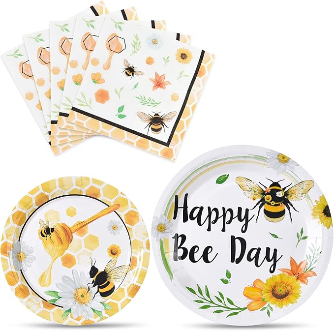 WERNNSAI Bee Plates and Napkins - 48 PCS Happy Bee Day Party Supplies for Kids HoneyBee Party Tableware Set Dinner Dessert Cake Plates Lunch Napkins Serves 16 Guests