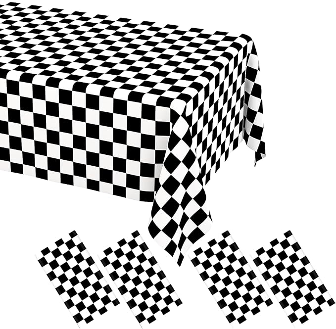 WNINK 4 Pack Black and White Checkered Disposable Tablecloth Race Car Theme Party Table Cloth, Black checkered tablecloth for Race Car Theme Birthday, Outdoor Picnic Parties Decorations, 54 × 108 Inch