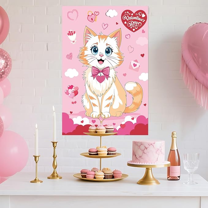 Hooqict Valentines Games for Kids Pin The Heart on The Cat Party Games Valentines Day Party Activities Galentines Day Decorations, Large Pin The Tail Poster with 36 Stickers