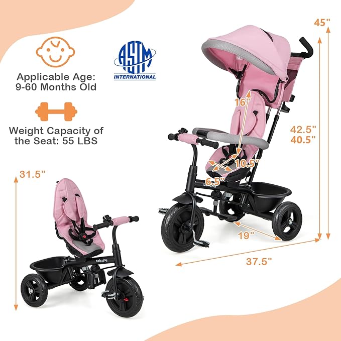 BABY JOY Tricycle, 4 in 1 Toddler Bike w/Removable Canopy, Adjustable Push Handle, Reversible Seat, Safety Belt, Folding Footrest & Storage Basket, Toddler Tricycle for Boys Girls 9-60 Months (Pink)