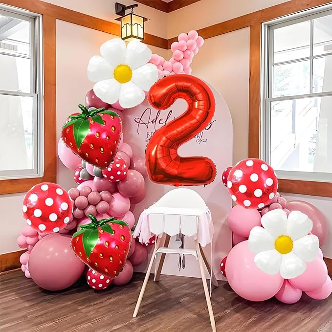 Strawberry Balloons Second Birthday Decorations for Girl, 40 Inch Mylar Red Number 2 Balloons, Strawberry Balloon for Strawberry Party Decorations, Strawberry Birthday Decorations