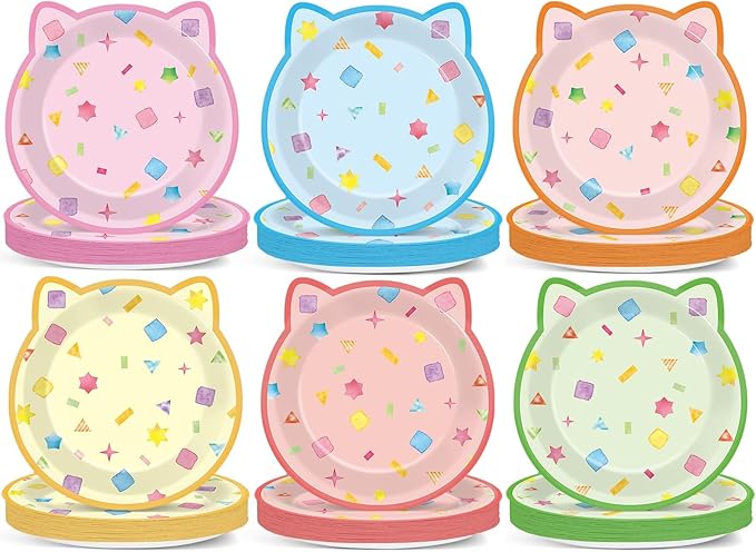 48Pcs Cat House Party Paper Plates Kitten Shaped Disposable Dessert Plates Cat Birthday Party Decoration Cute House Tableware Kitten Themed Parties Favor for Kids Birthdays Baby Showers Supplies