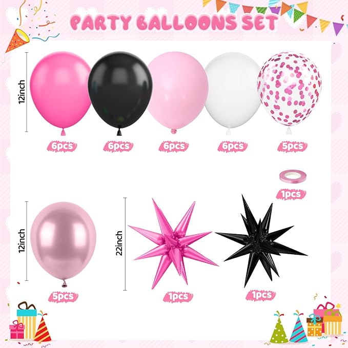 Pink and Black Balloons, 12 Inch Hot Pink and Black Party Decorations with Confetti Metalic Balloon Star Foil Balloons for Mouse Theme Birthday Wedding Bridal Shower Party Decoration