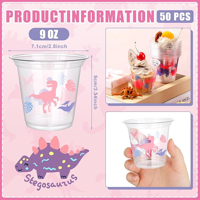 50 Pcs 9oz Dinosaur Cup Dinosaur Ice Cream Cups Plastic Disposable Clear Snack Bowls Dessert Bowls for Hot or Cold Soup Sundae Yogurt Supplies(Pink)
