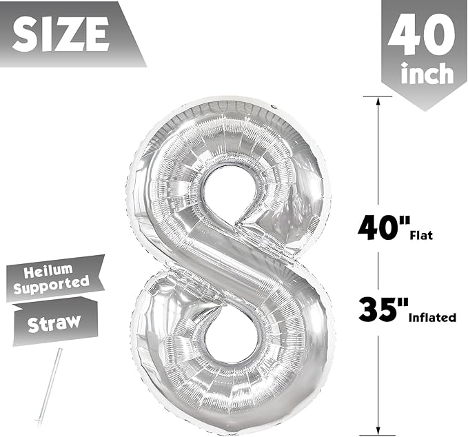 40 Inch Silver Number 8 Balloon, Giant 8 Number Balloons for 8th Birthday Decorations, Party Supplies for Baby Boy Girl, Silver Party Decor