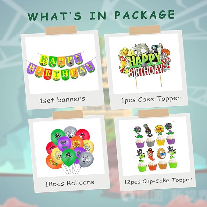 Plants Game Theme Birthday Party Decoration Set with Zombies Birthday Banners, Cake-Cupcake Topper , Balloons for Kids Boys Game Players PVZ Party Decor, 32PCS In Al