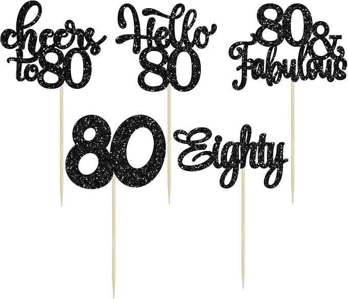 30pcs Happy 80th Birthday Cupcake Toppers - Eighty Cheers to 80 Years Old - Black Glitter