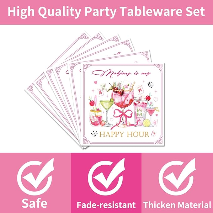 96Pcs Mahjong Party Decorations Tableware Set Mahjong Cocktail Paper Plates Napkins Forks Casual Gatherings Chinese Game Nights Bridal Showers Birthday Theme Party Supplies Serve 24 Guests