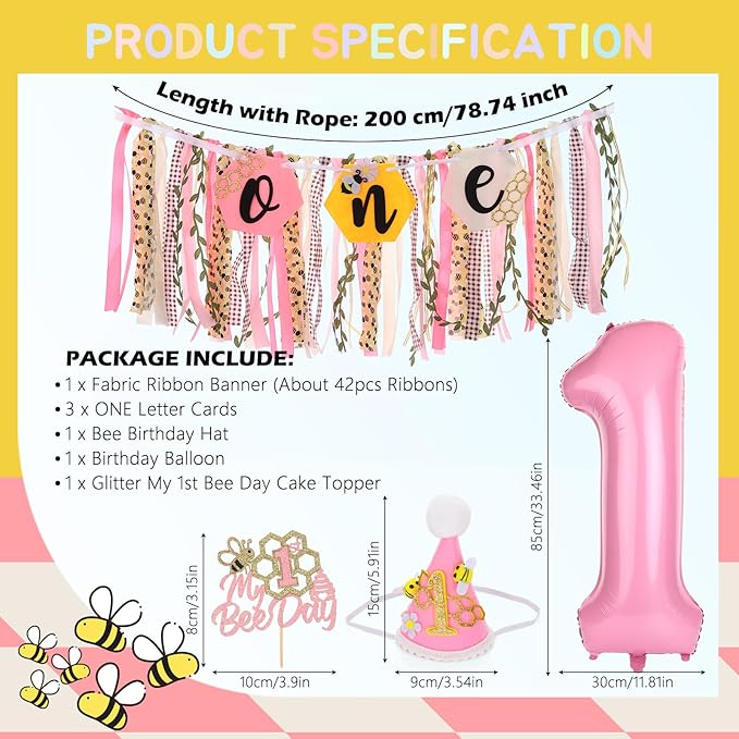 Bee Theme Highchair Banner for Baby First Birthday Party Decorations Pink Happy 1st Bee Day High Chair Tassel Garland for Girls Bumble Bee One Birthday Photo Props Backdrop Decor with Cake Topper