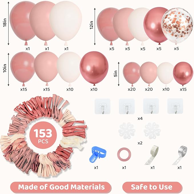 Amandir 153pcs Dusty Pink Balloon Garland Arch Kit, Different Sizes 18 12 10 5 inch Pink White Sand Metallic Confetti Pink Balloons for Valentines Day Bridal Shower Birthday Boho Party Decorations