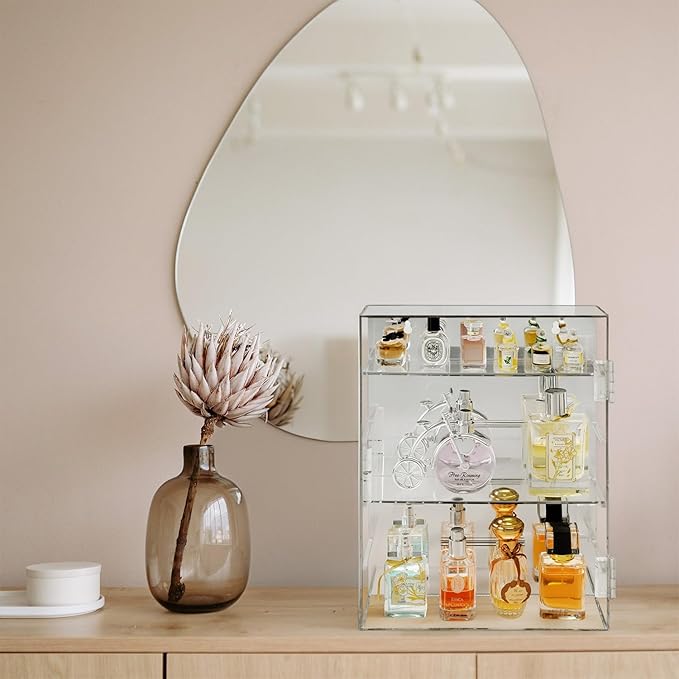 Ikee Design Mirror Back Premium Acrylic Wall Mountable Display Case with 4 Shelves for Figures and More, Acrylic Case for Home Decor, Shop Display and Showcasing Use, 10.87 W x 2.87 D x 14 H in