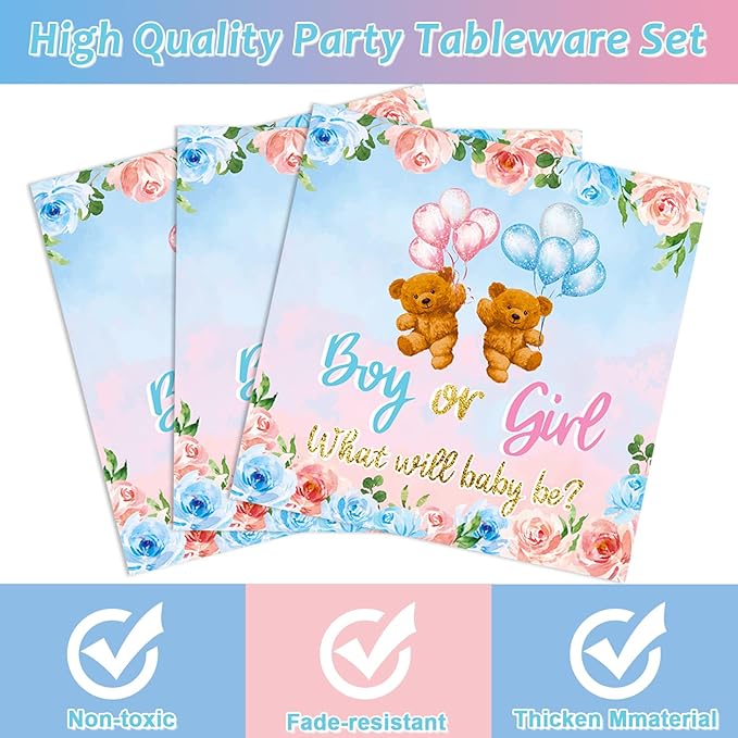 96 Pieces Bear Gender Reveal Theme Tableware Set for Gender Reveal Party Table Decor Supplies Boy or Girl Dessert Plates Napkins Forks for 24 Guests Pink Blue Bear Baby Shower Disposable Party Favors