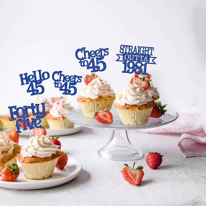 Ephlyn 24Pcs 45th Birthday Cupcake Toppers Glitter Straight Outta 1981 Cupcake Picks Hello 45 Cheers to 45 Years Cake Decorations for 45th Birthday Anniversary Party Decorations Supplies Blue