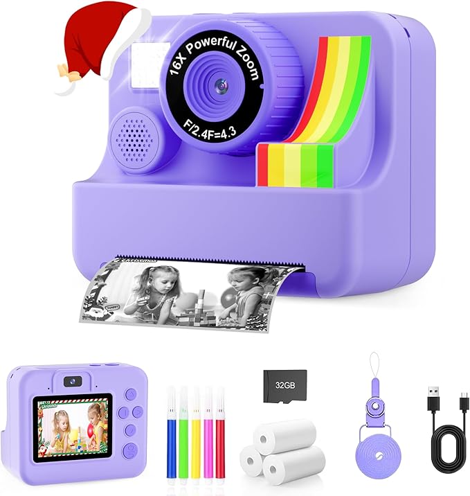 1080P Kids Instant Print Camera - Kids Camera for Girls and Boys, Ages 3-12, Portable Toy with 32GB SD Card & 3 Rolls Printing Paper - Best Christmas Birthday Gift for Kids, Purple