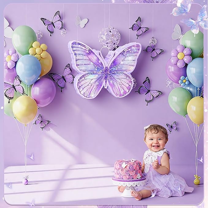 Butterfly Piñata for Birthday Party Supplies Purple Butterfly Piñata Decorations with Pink Purple Stick and Blindfold for Birthday Party Decorations Game Supplies